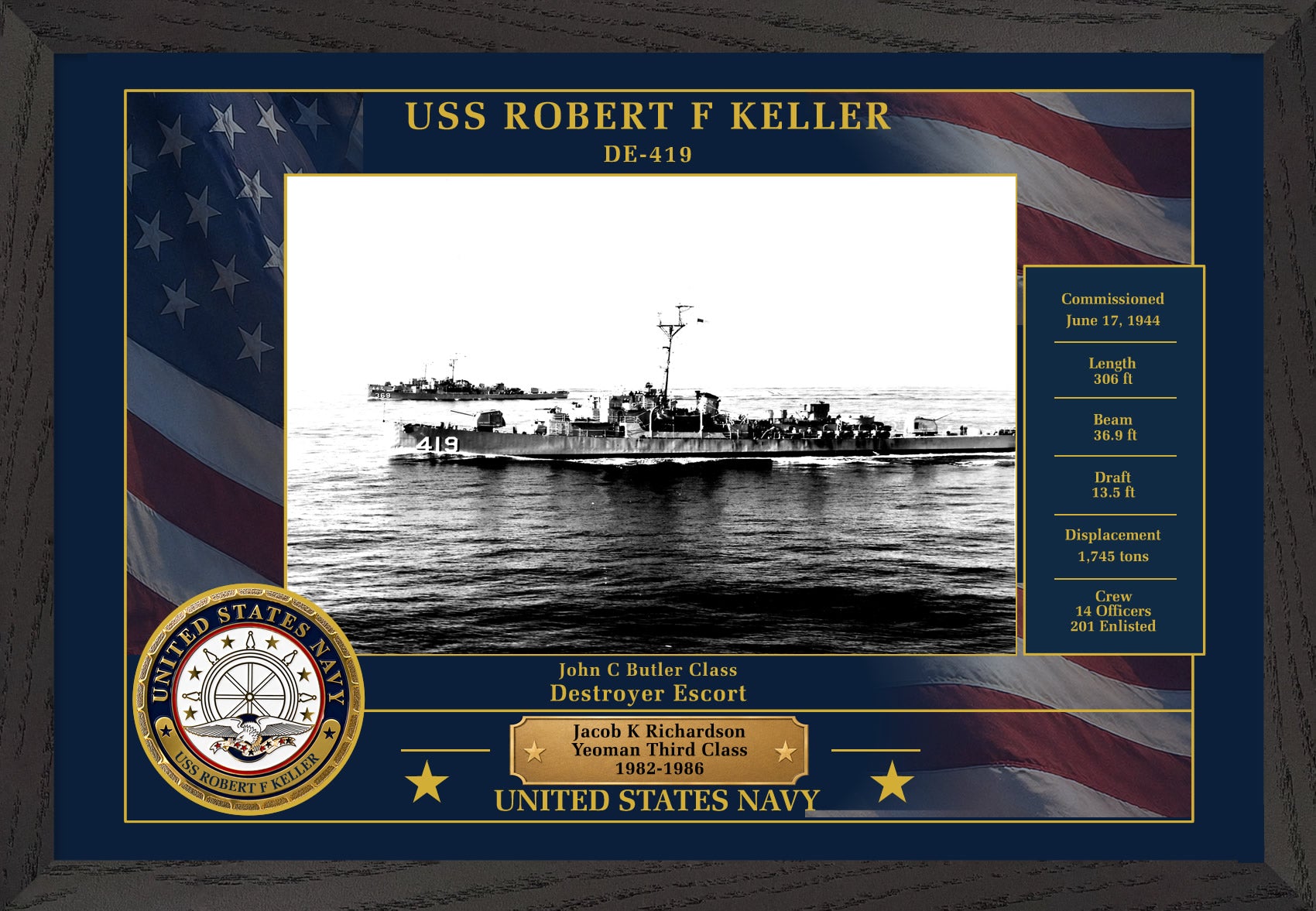 USS Robert F Keller DE-419 Framed Patriotic Photo