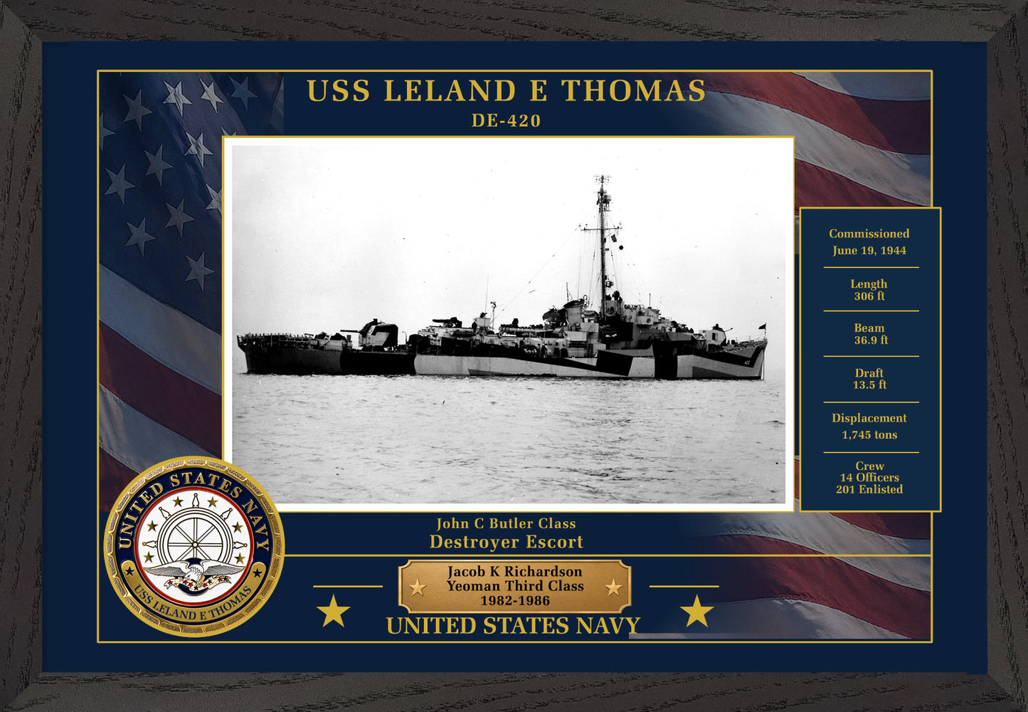 USS Leland E Thomas DE-420 Framed Patriotic Photo