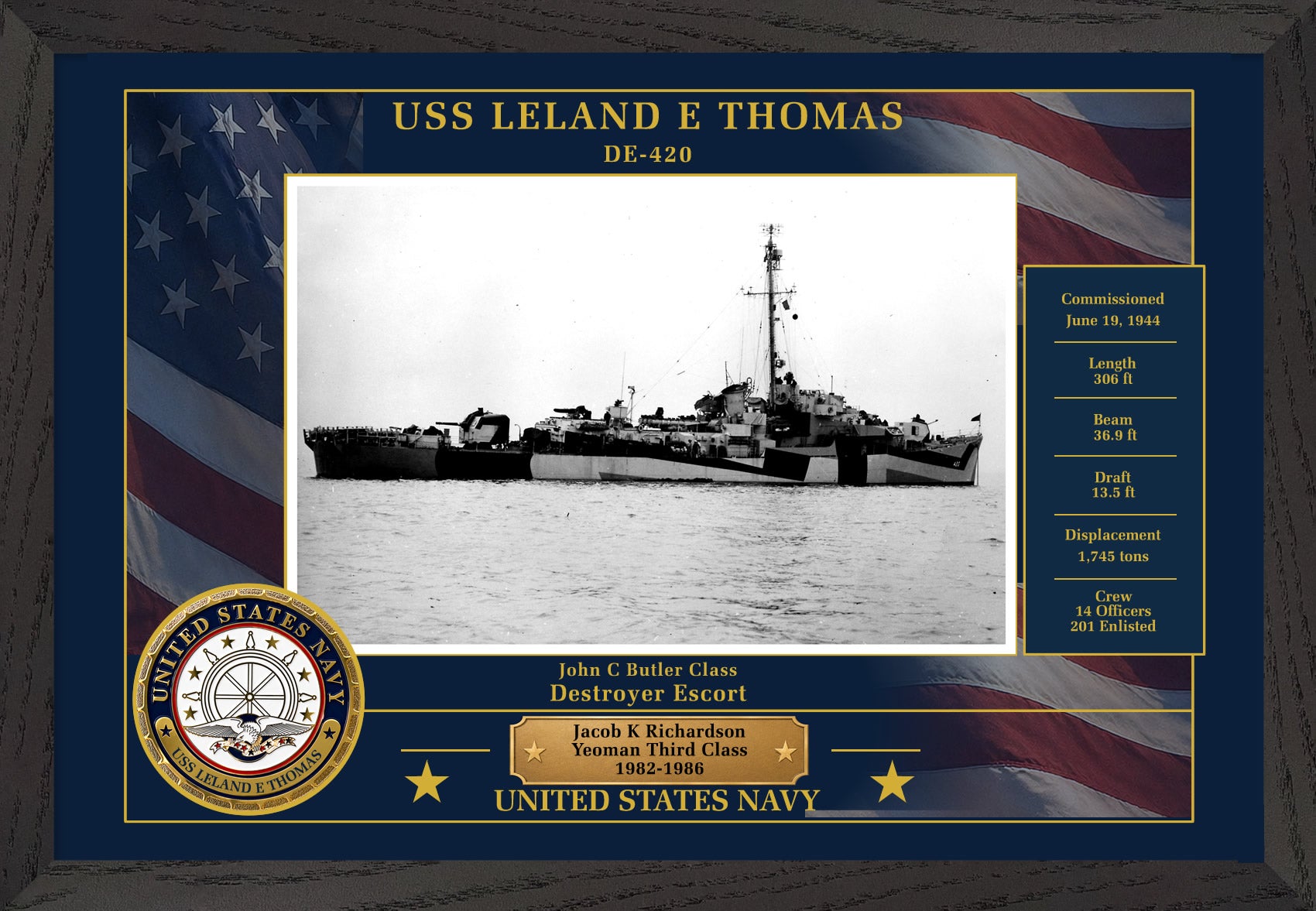 USS Leland E Thomas DE-420 Framed Patriotic Photo
