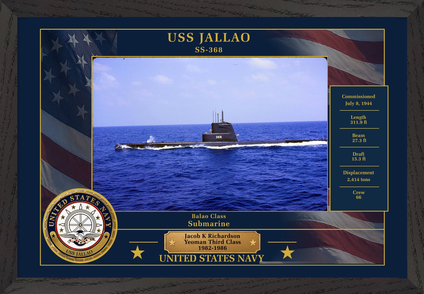 USS Jallao SS-368 Framed Patriotic Photo
