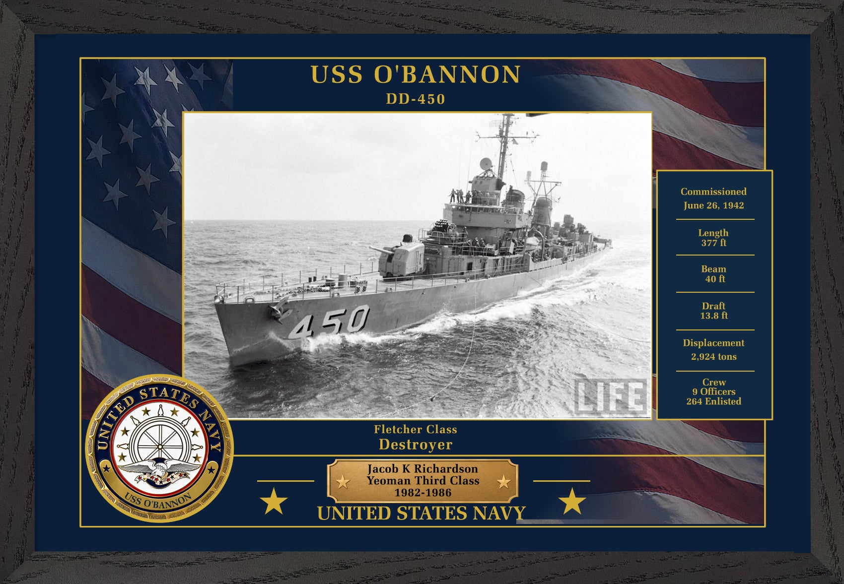 USS Obannon DD-450 Framed Patriotic Photo