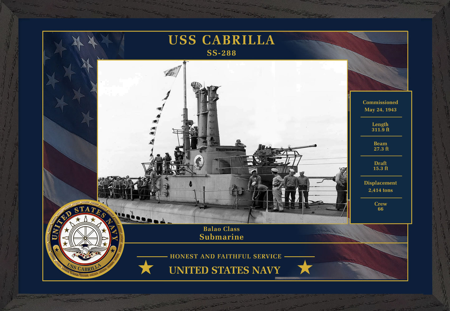 USS Cabrilla SS-288 Framed Patriotic Photo