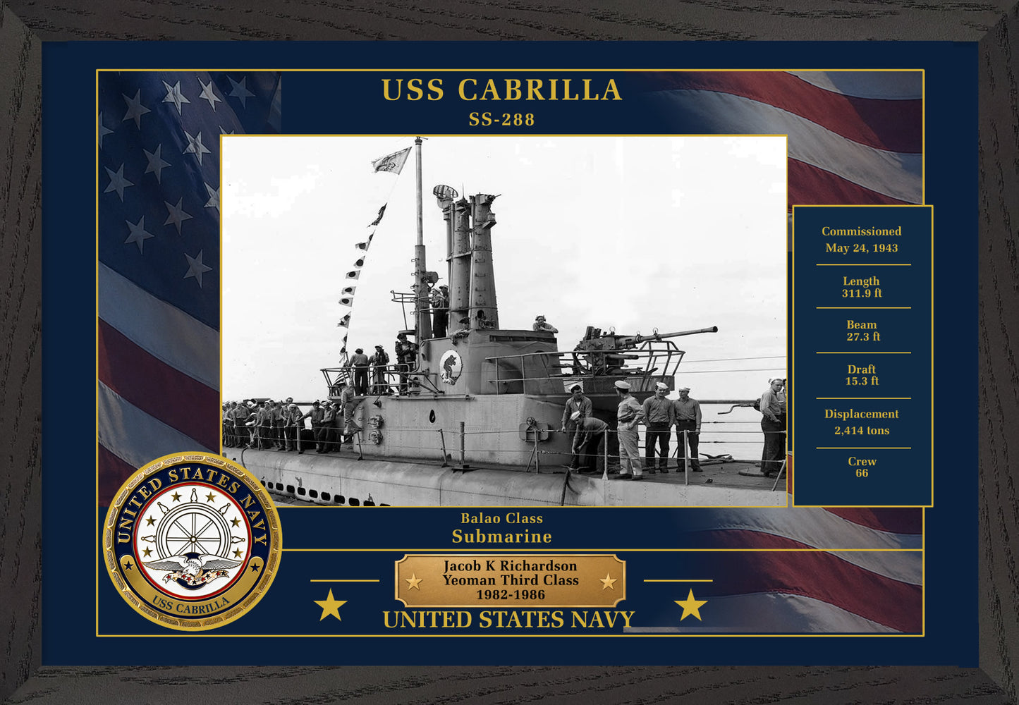 USS Cabrilla SS-288 Framed Patriotic Photo