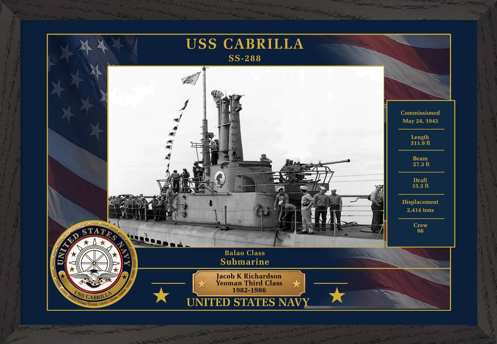 USS Cabrilla SS-288 Framed Patriotic Photo