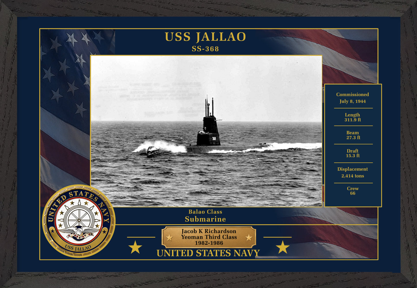 USS Jallao SS-368 Framed Patriotic Photo
