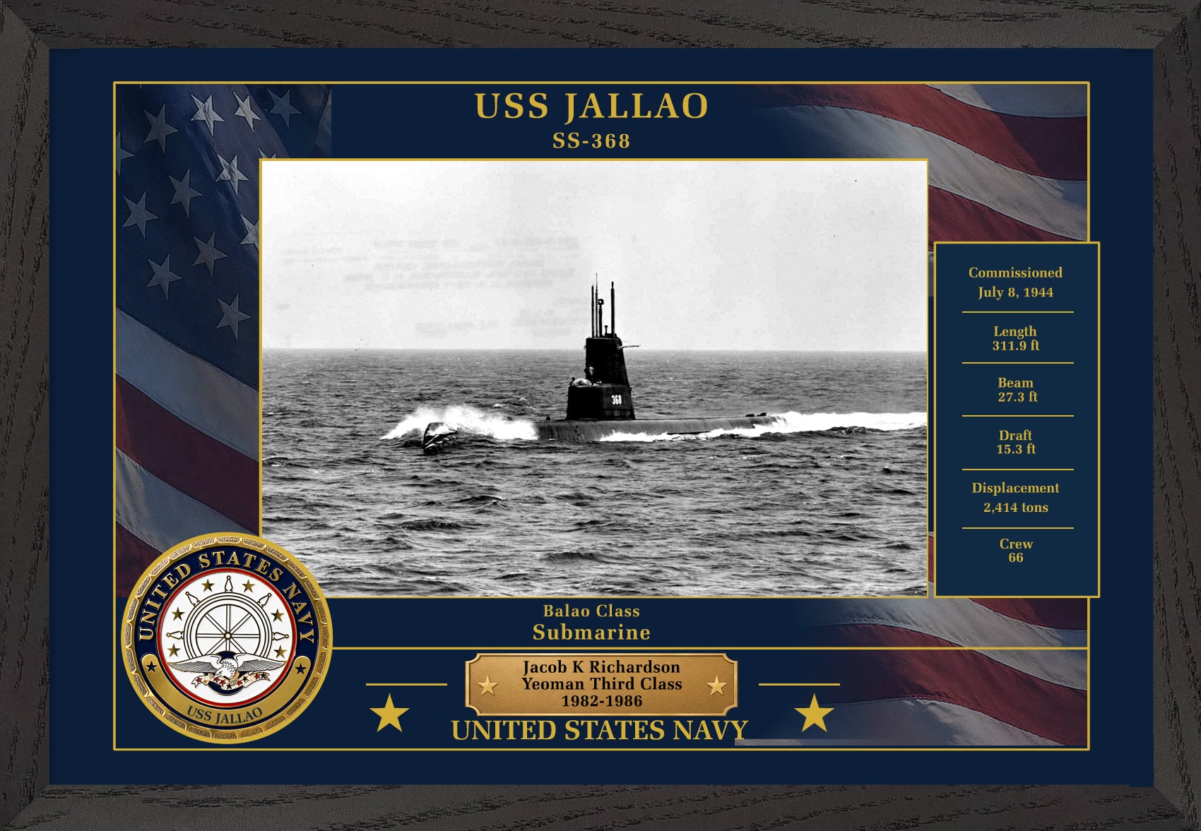USS Jallao SS-368 Framed Patriotic Photo