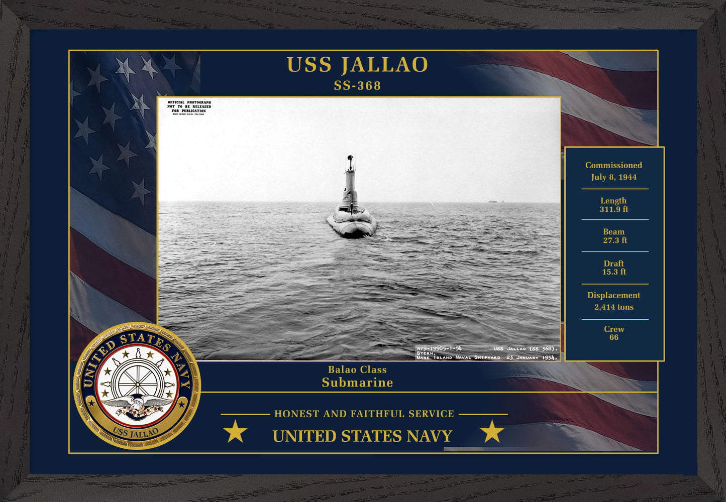 USS Jallao SS-368 Framed Patriotic Photo