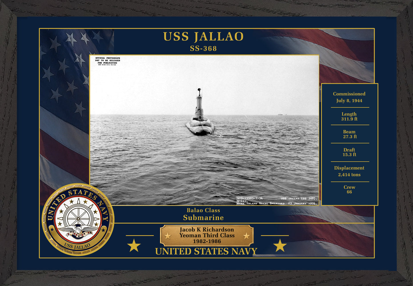 USS Jallao SS-368 Framed Patriotic Photo