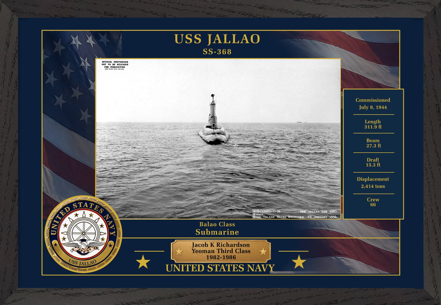 USS Jallao SS-368 Framed Patriotic Photo