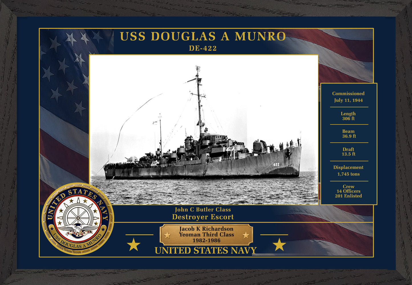USS Douglas A Munro DE-422 Framed Patriotic Photo