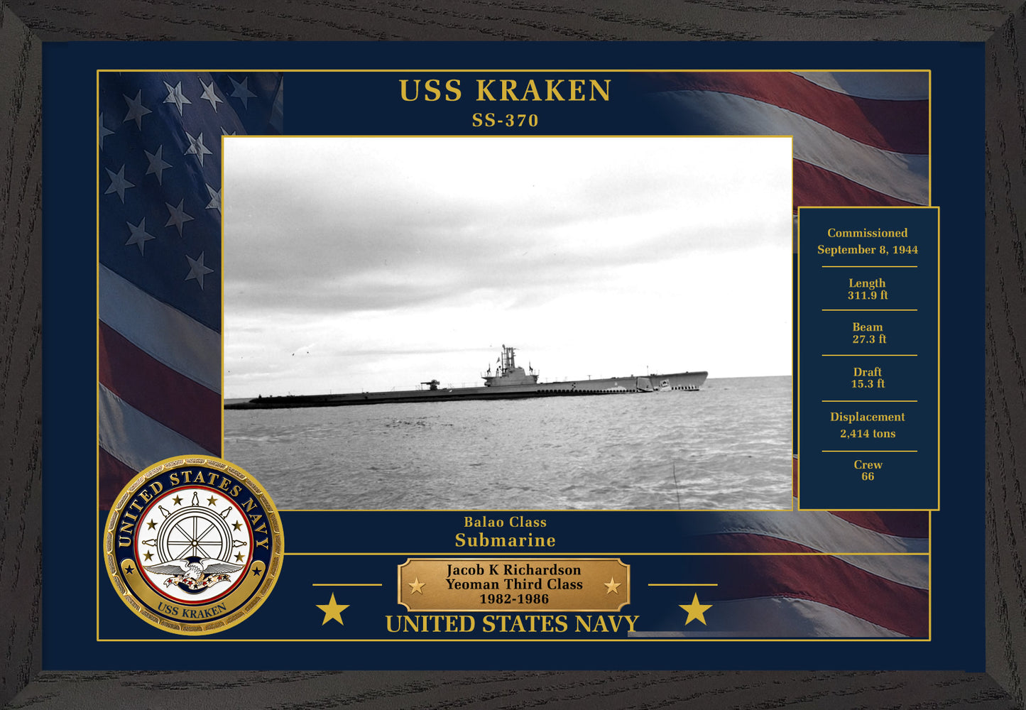 USS Kraken SS-370 Framed Patriotic Photo