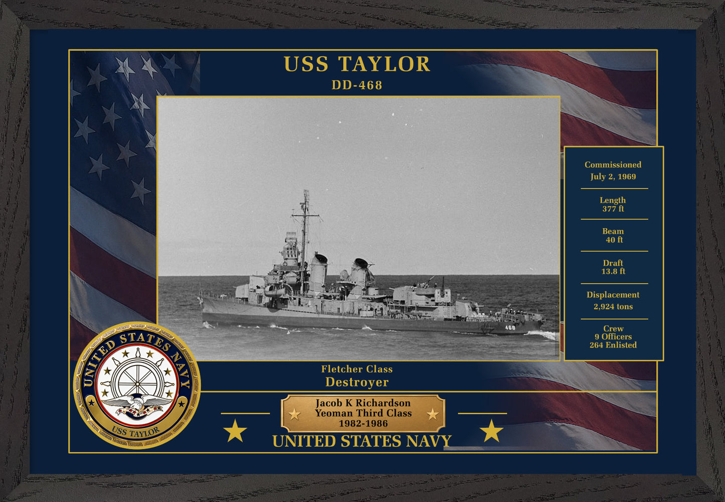 USS Taylor DD-468 Framed Patriotic Photo