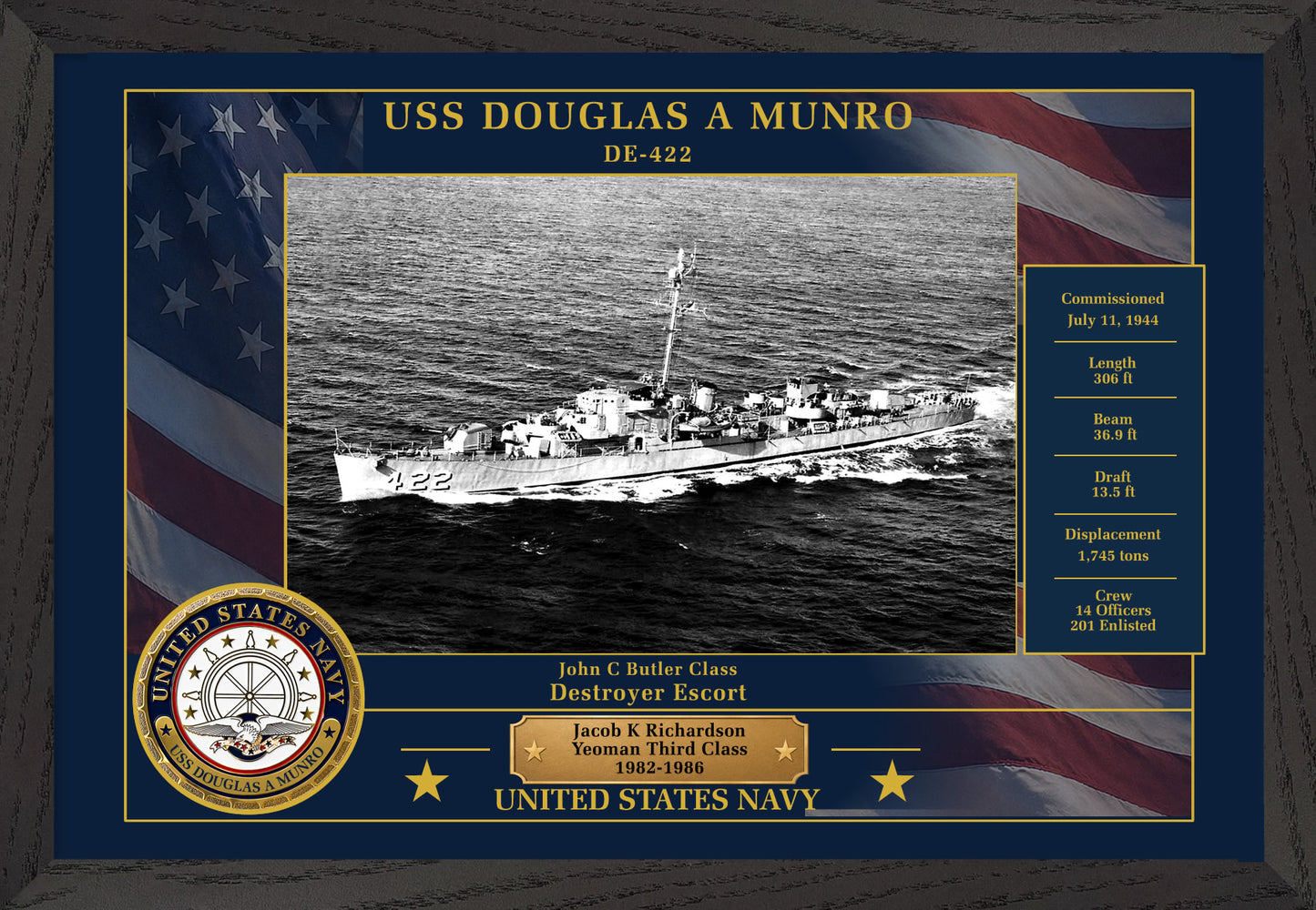 USS Douglas A Munro DE-422 Framed Patriotic Photo