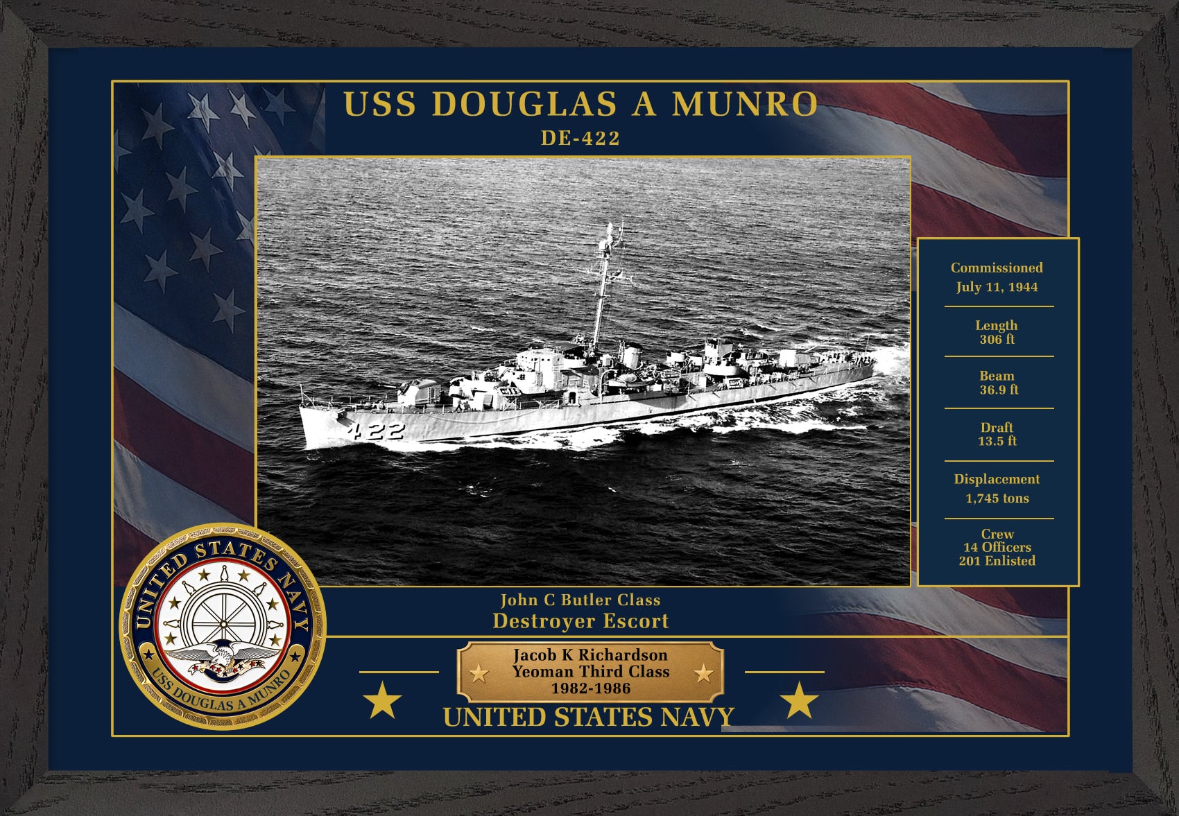 USS Douglas A Munro DE-422 Framed Patriotic Photo