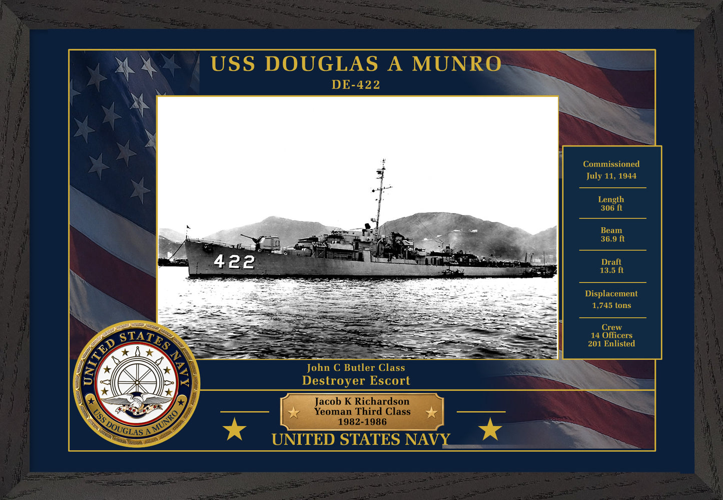 USS Douglas A Munro DE-422 Framed Patriotic Photo