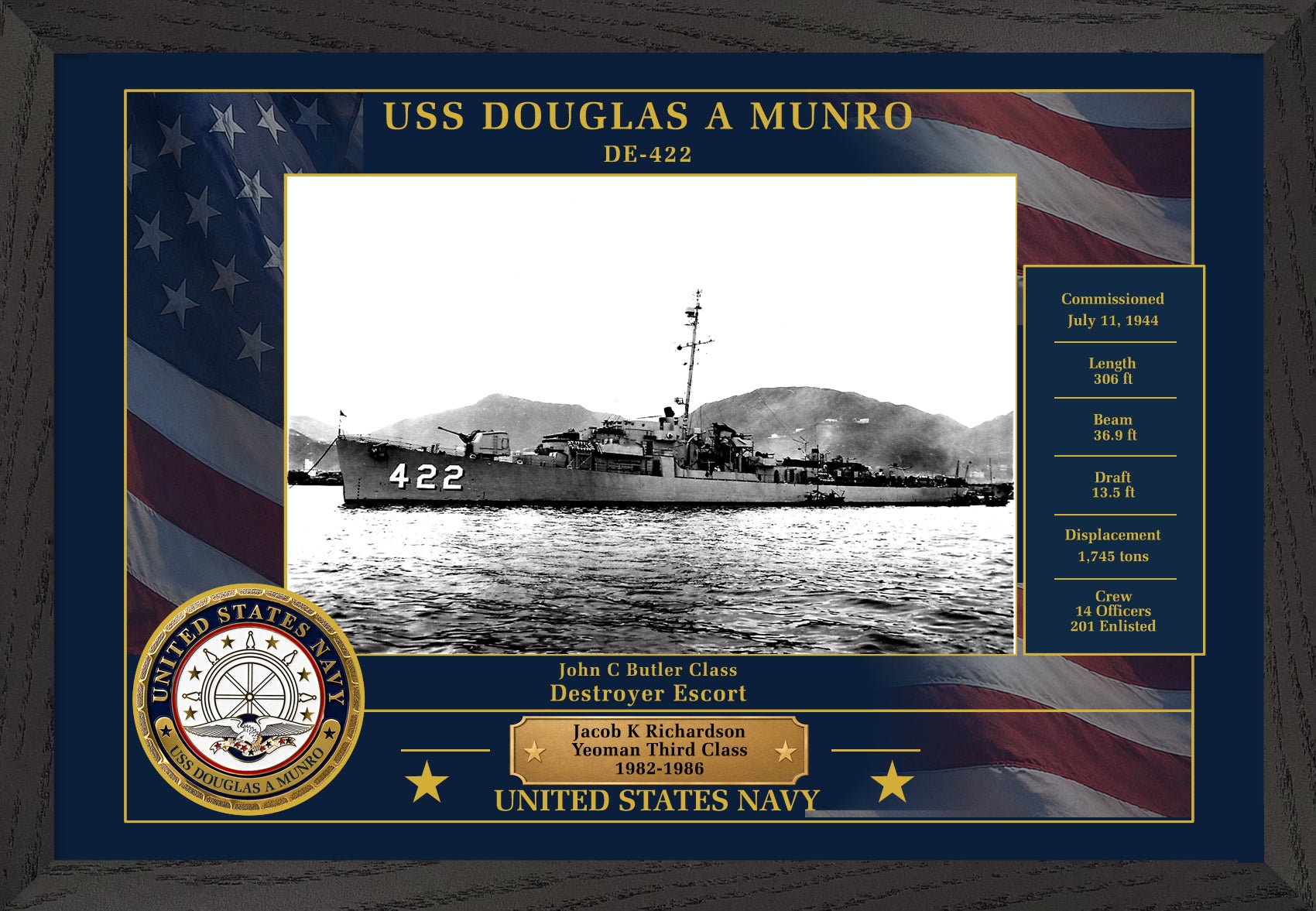 USS Douglas A Munro DE-422 Framed Patriotic Photo