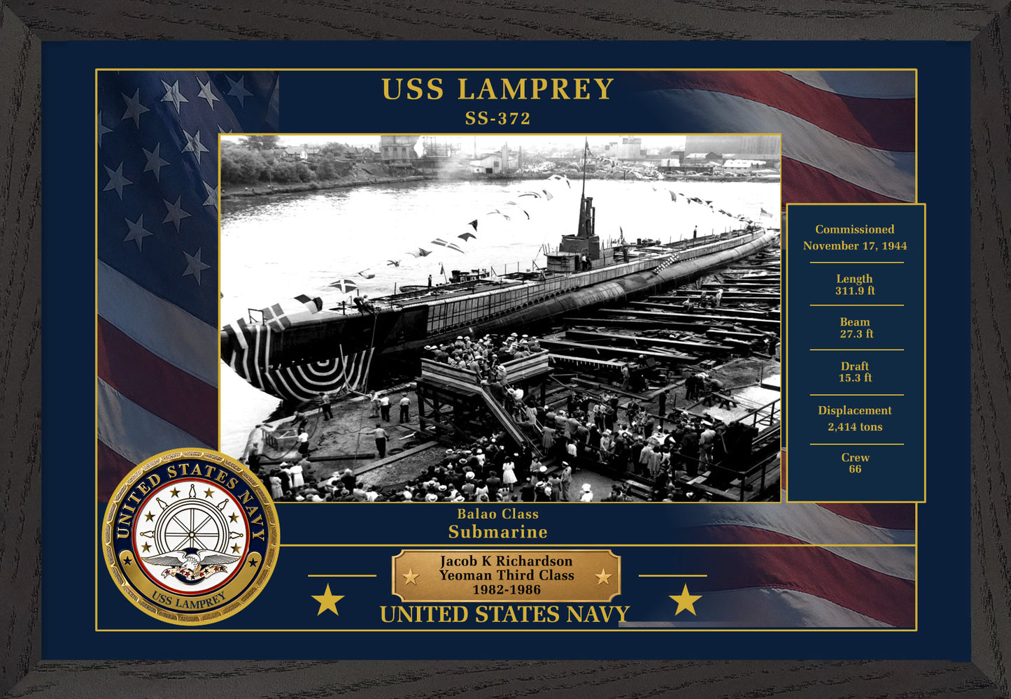 USS Lamprey SS-372 Framed Patriotic Photo