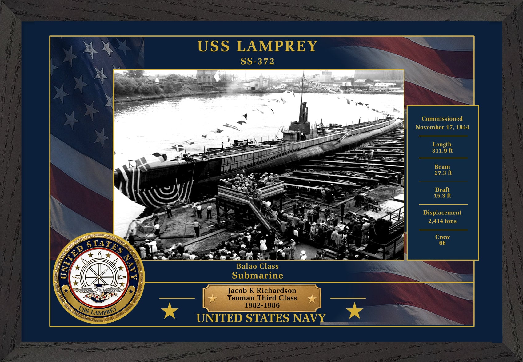 USS Lamprey SS-372 Framed Patriotic Photo