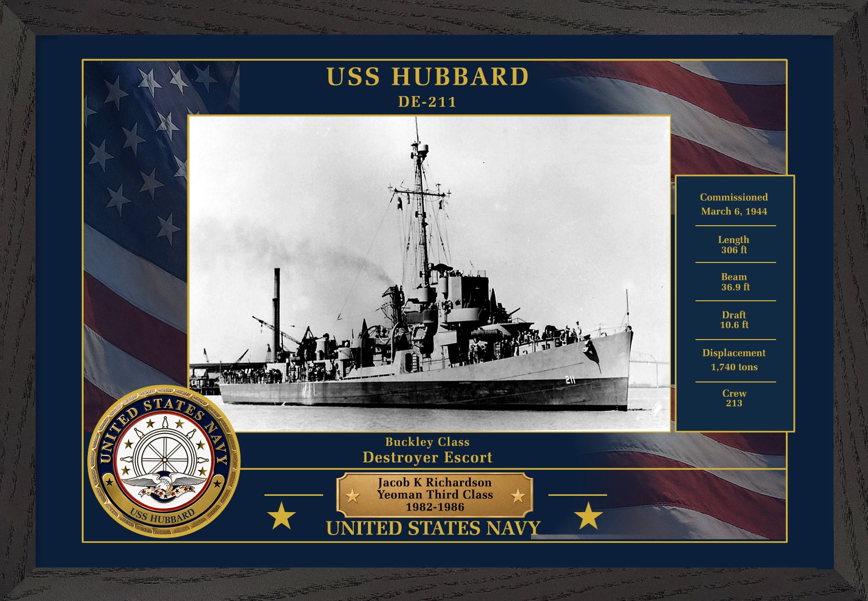USS Hubbard DE-211 Framed Patriotic Photo