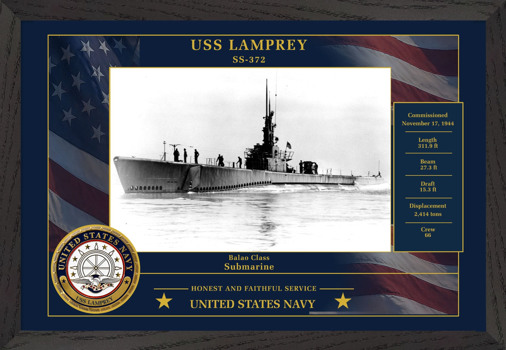 USS Lamprey SS-372 Framed Patriotic Photo