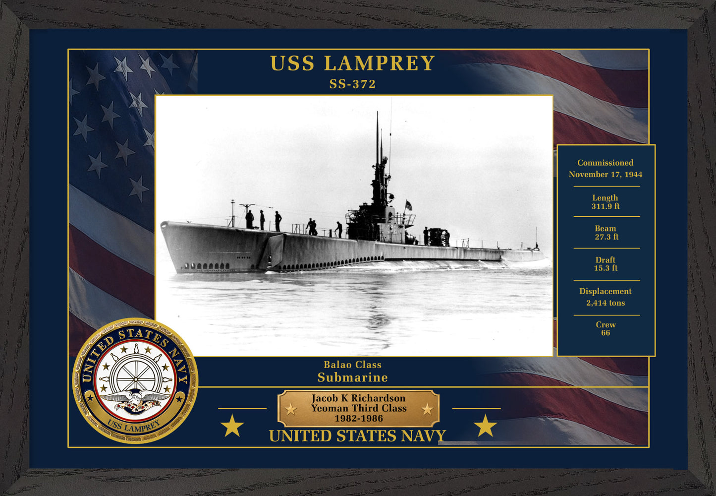 USS Lamprey SS-372 Framed Patriotic Photo