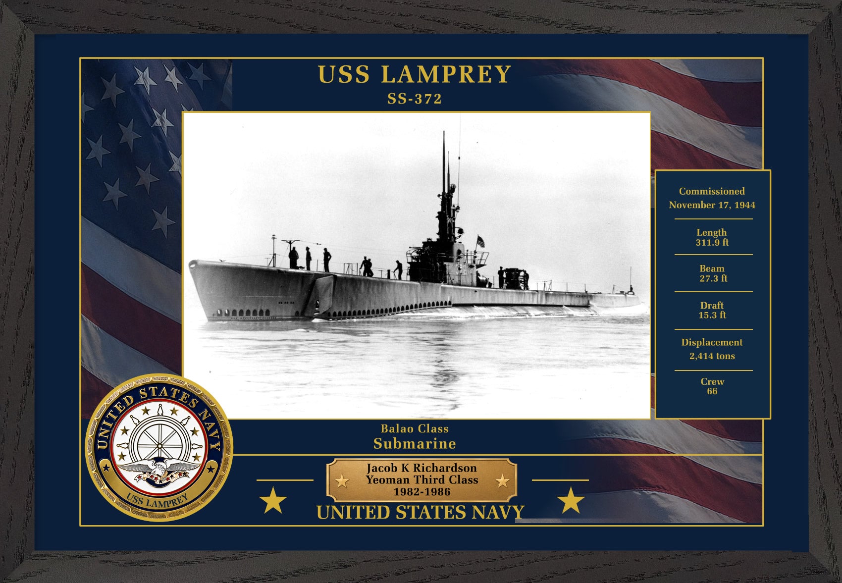 USS Lamprey SS-372 Framed Patriotic Photo