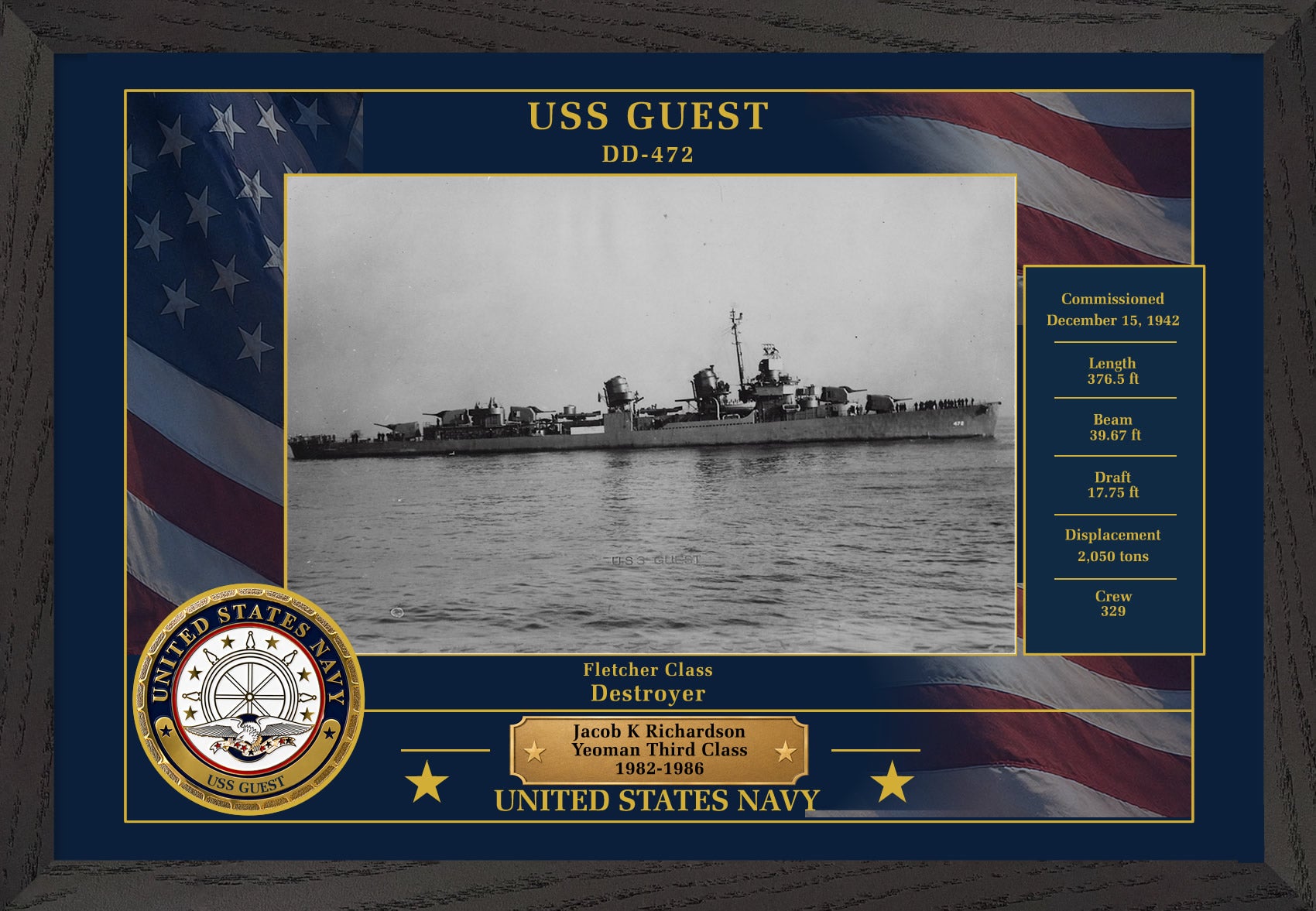USS Guest DD-472 Framed Patriotic Photo