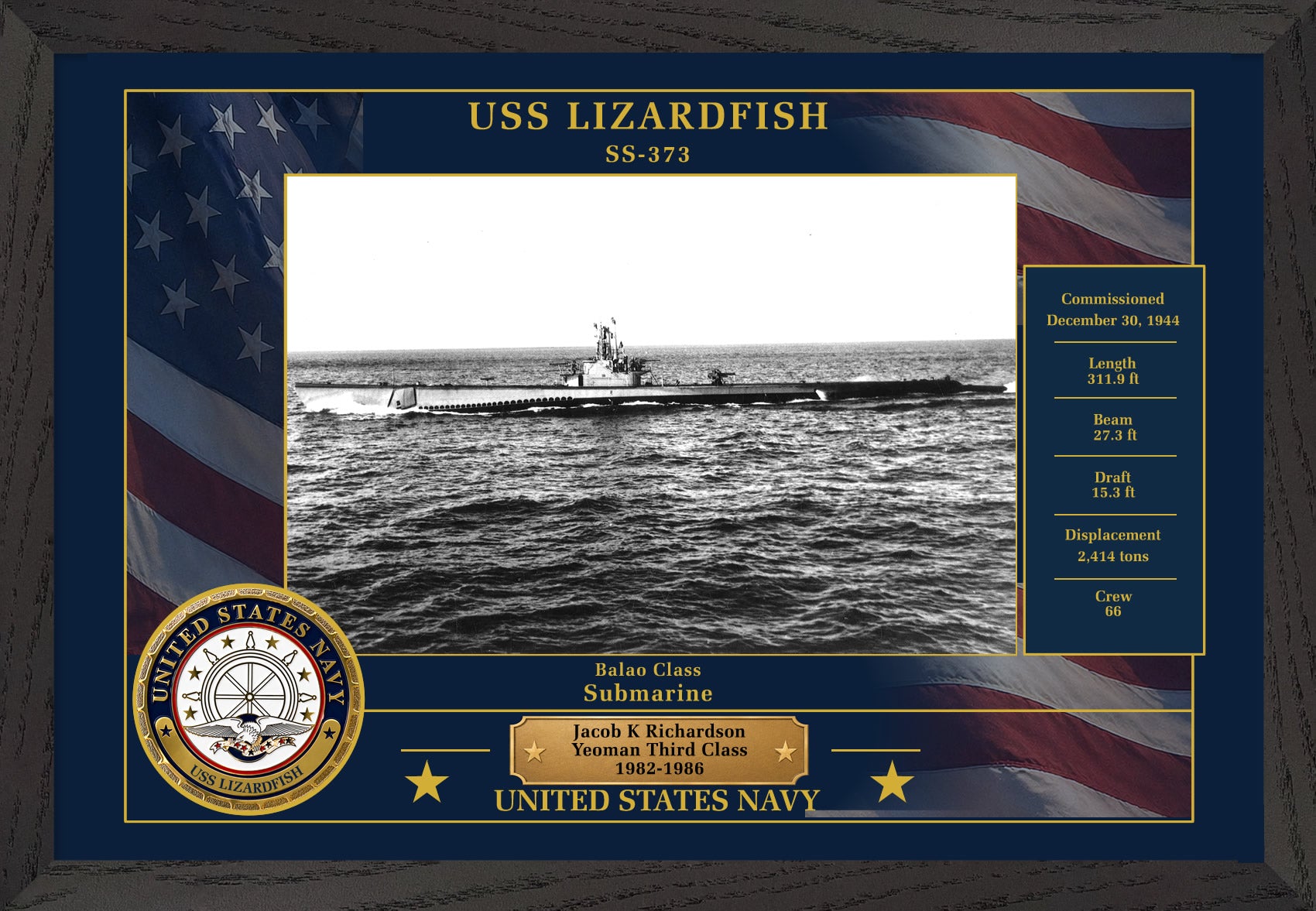USS Lizardfish SS-373 Framed Patriotic Photo