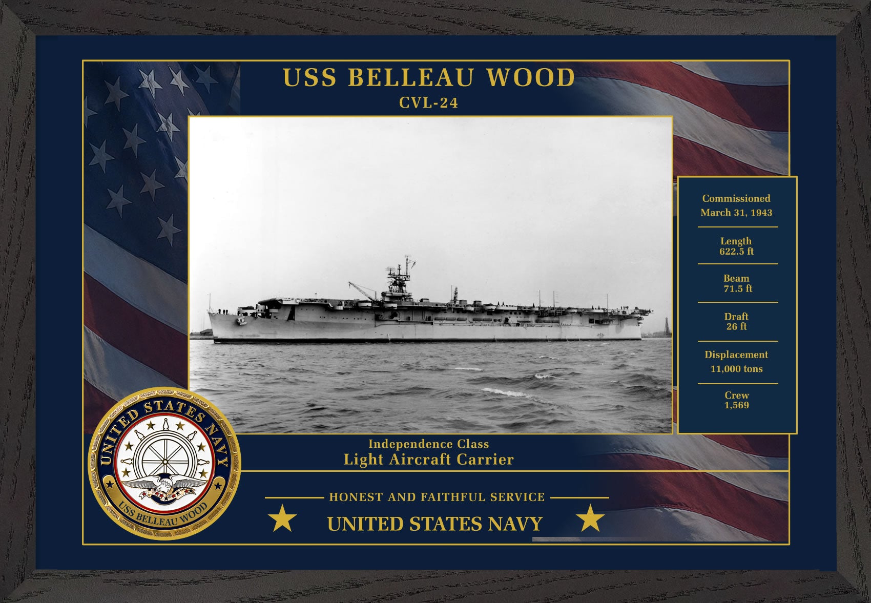 USS Belleau Wood CVL-24 Framed Patriotic Photo