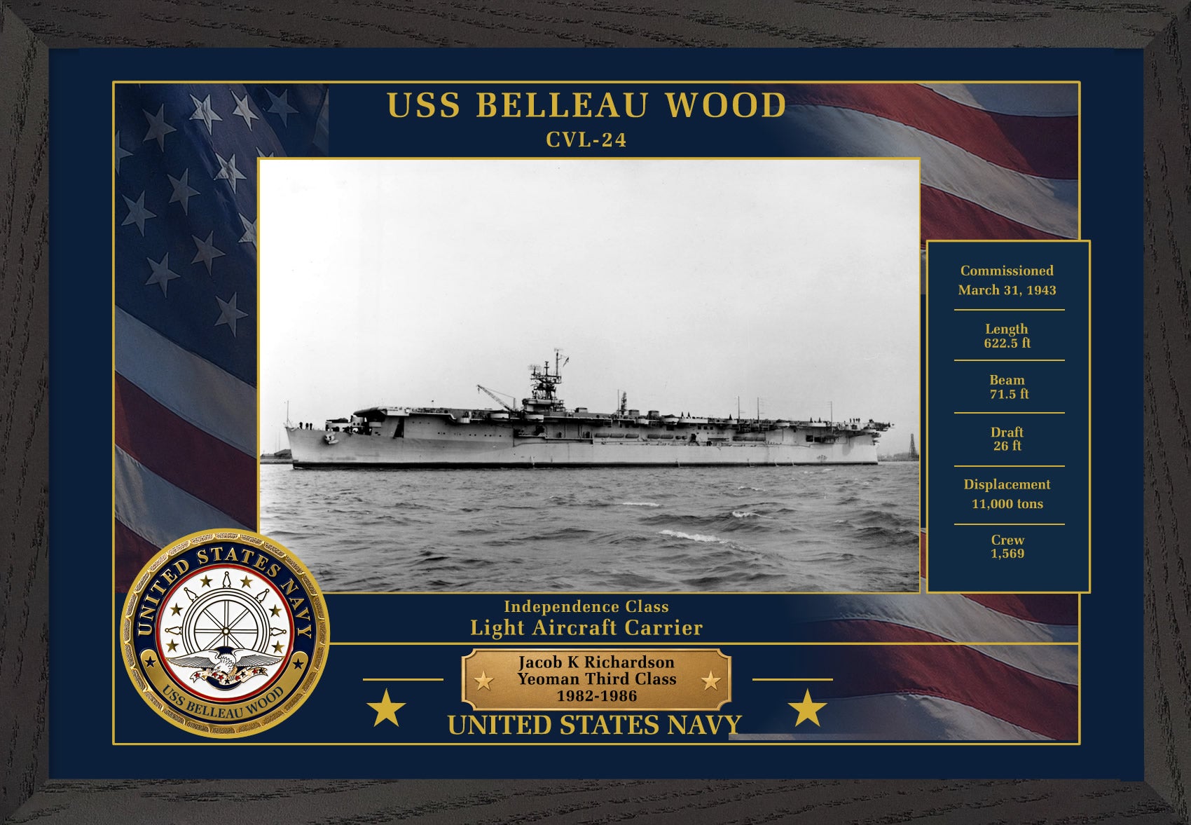 USS Belleau Wood CVL-24 Framed Patriotic Photo