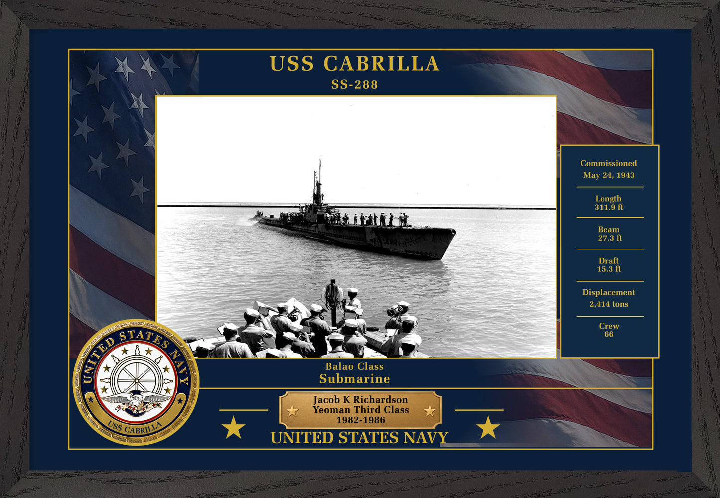 USS Cabrilla SS-288 Framed Patriotic Photo