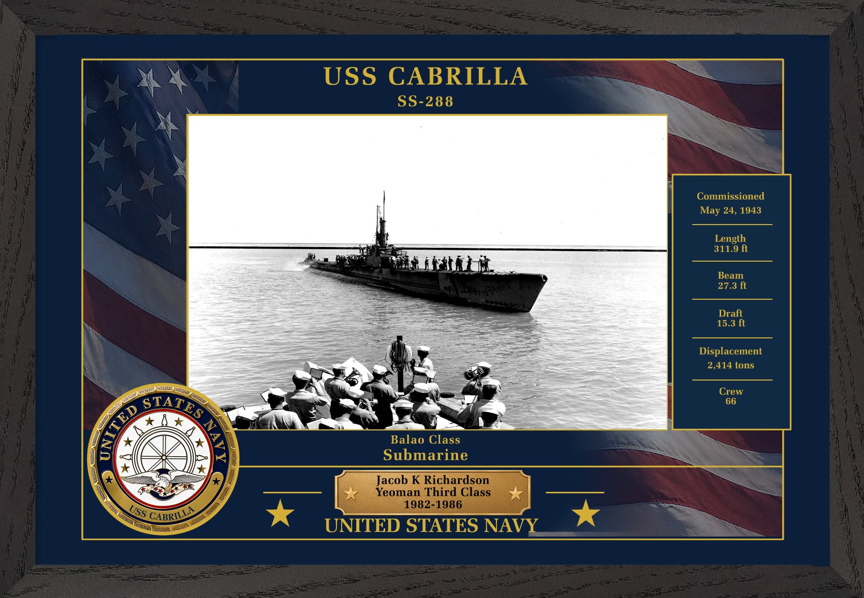 USS Cabrilla SS-288 Framed Patriotic Photo