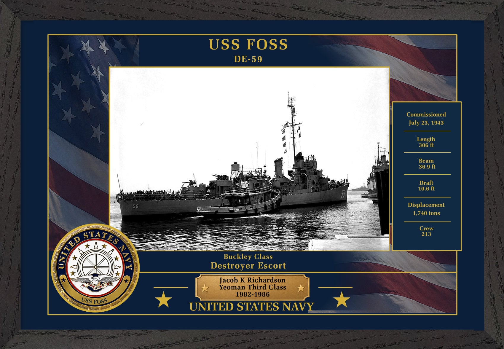 USS Foss DE-59 Framed Patriotic Photo