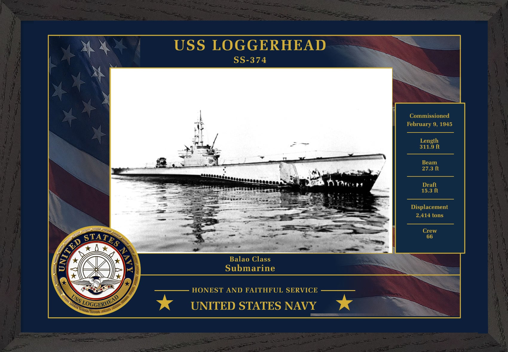 USS Loggerhead SS-374 Framed Patriotic Photo