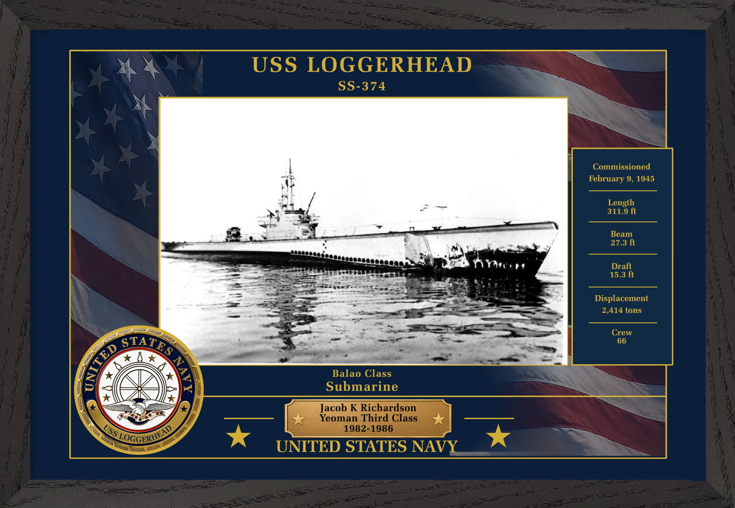 USS Loggerhead SS-374 Framed Patriotic Photo