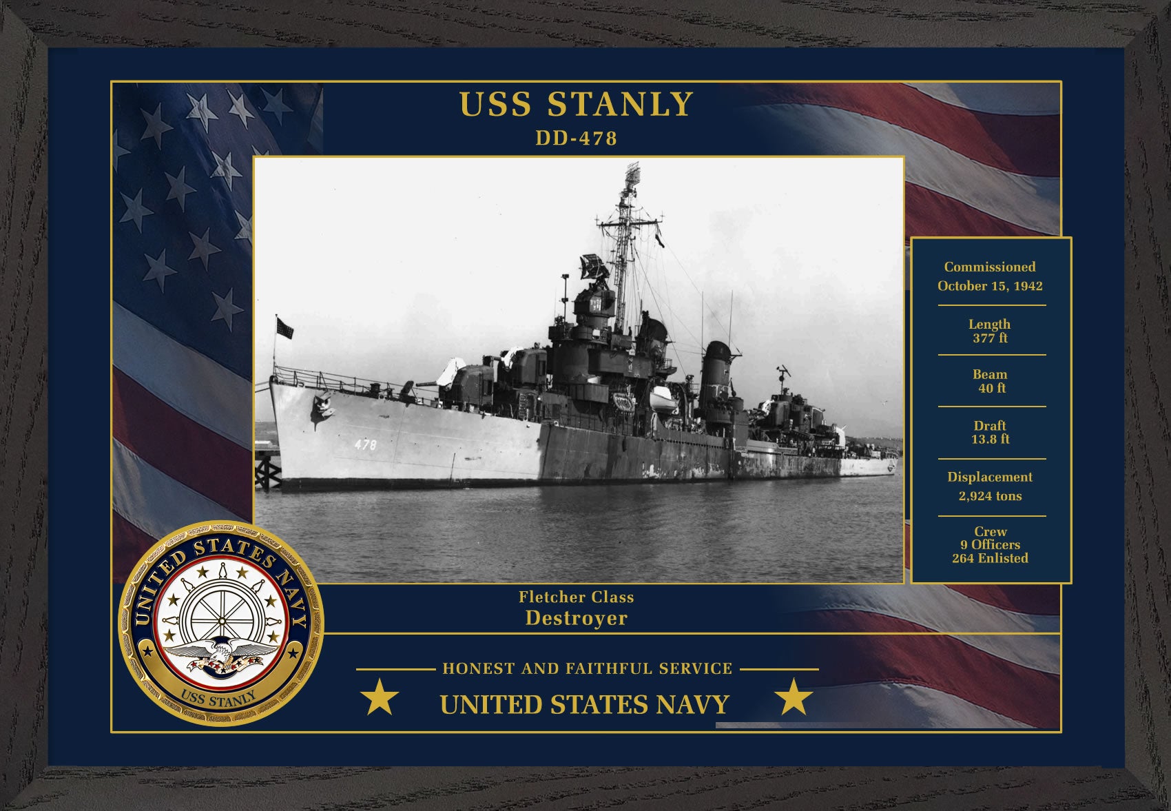 USS Stanly DD-478 Framed Patriotic Photo