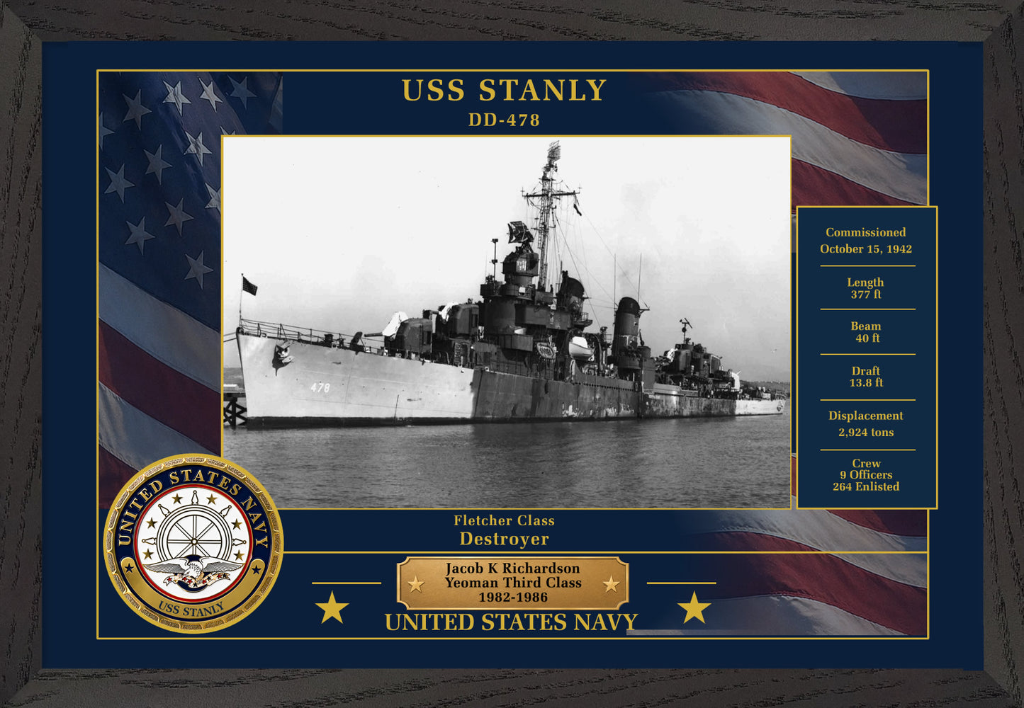 USS Stanly DD-478 Framed Patriotic Photo