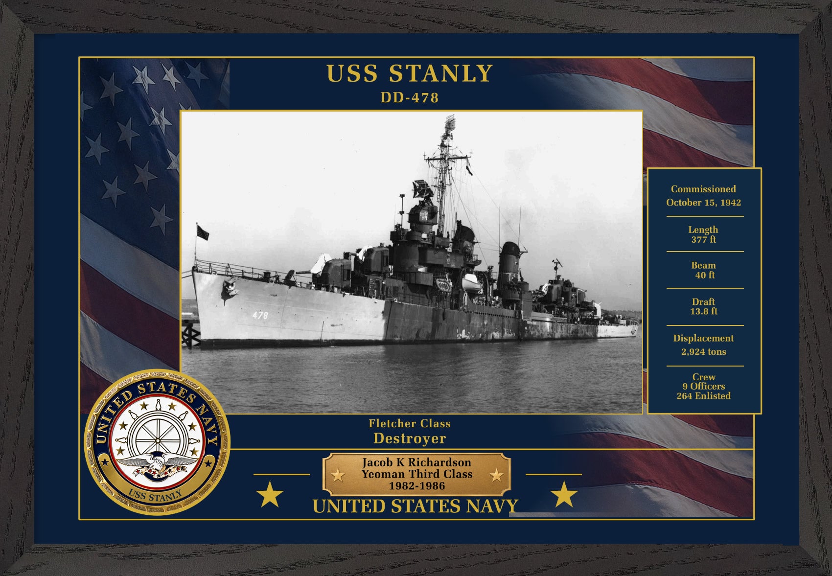 USS Stanly DD-478 Framed Patriotic Photo
