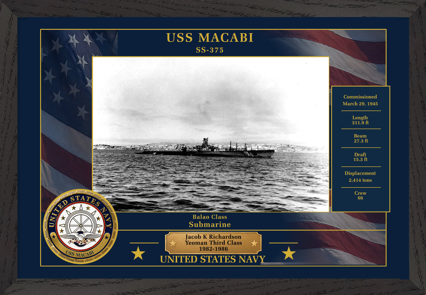 USS Macabi SS-375 Framed Patriotic Photo
