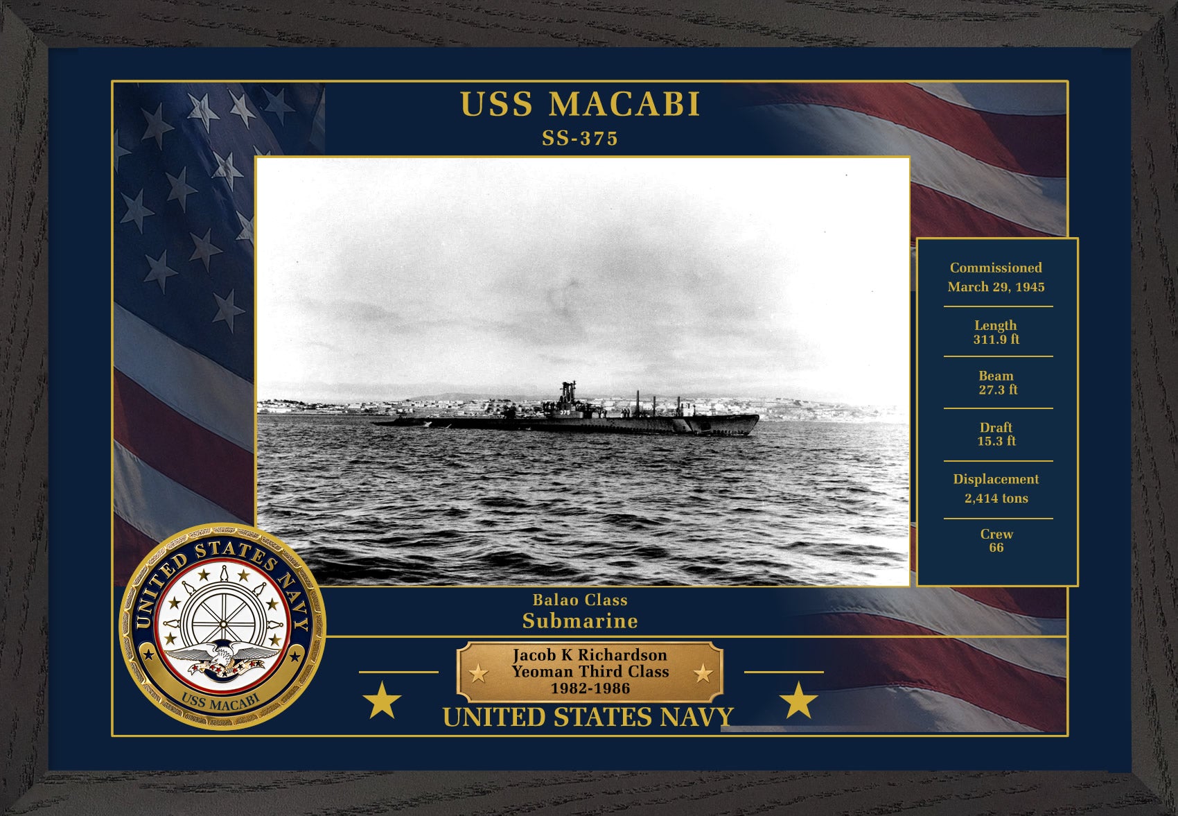 USS Macabi SS-375 Framed Patriotic Photo