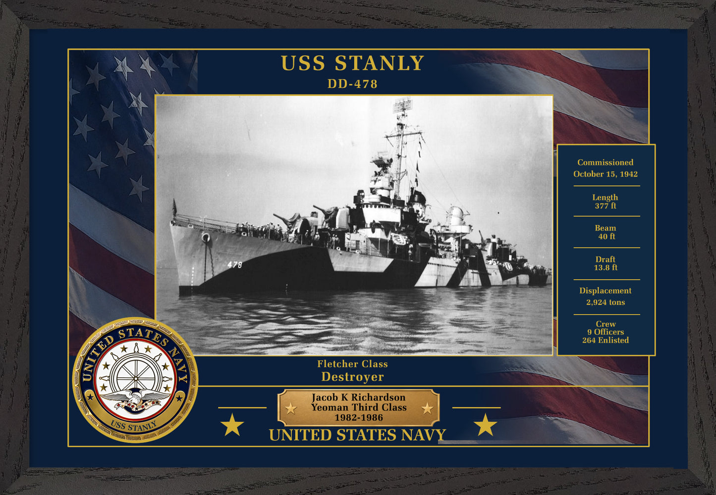 USS Stanly DD-478 Framed Patriotic Photo