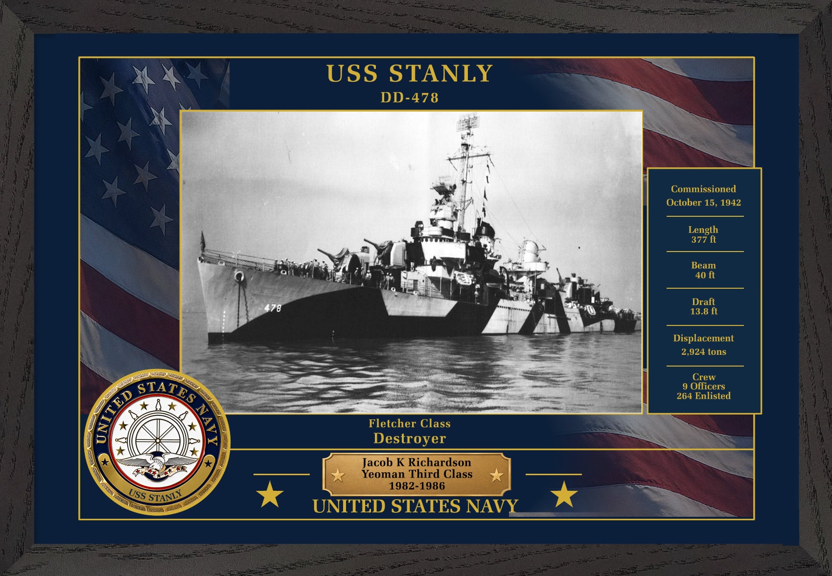 USS Stanly DD-478 Framed Patriotic Photo