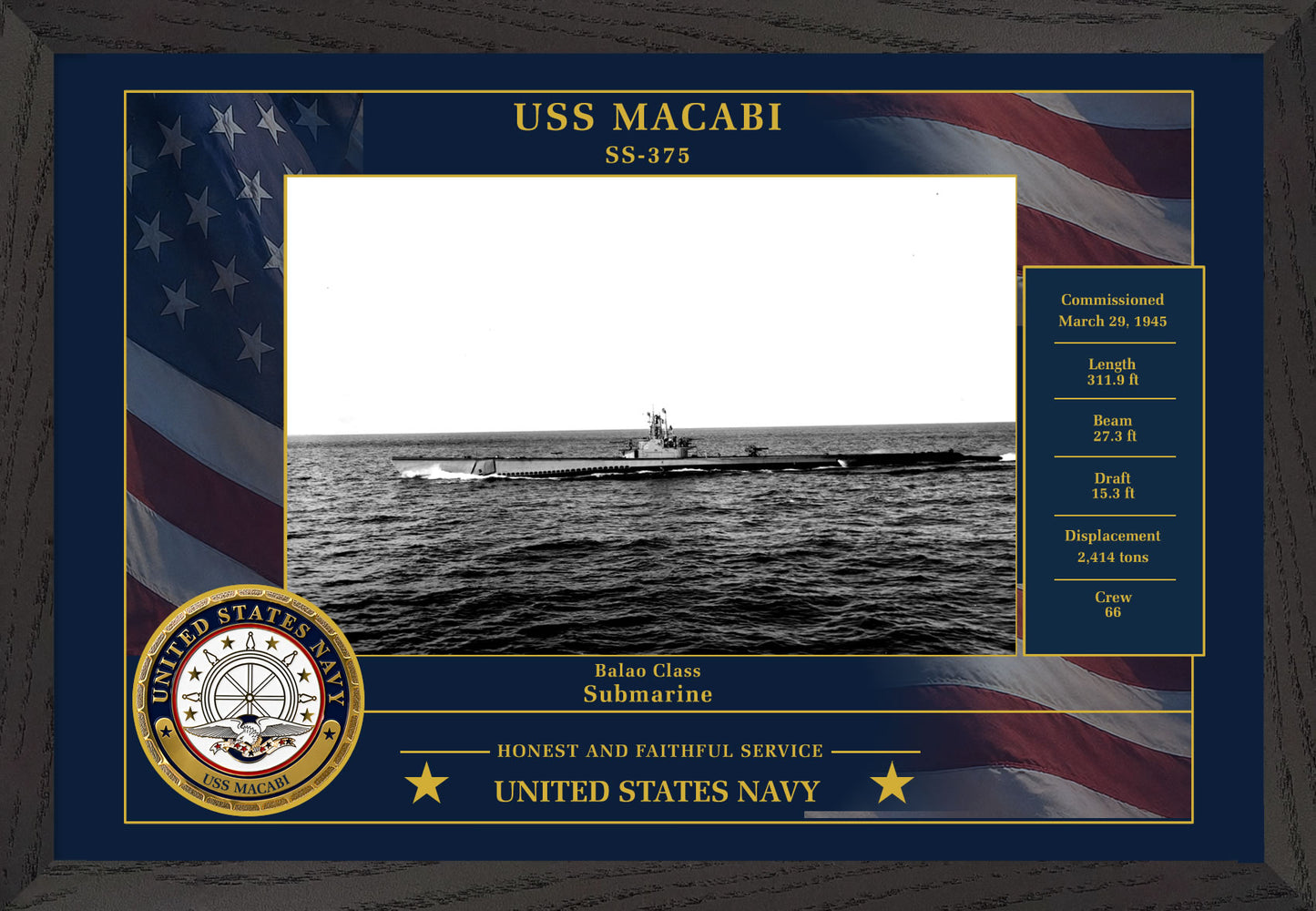 USS Macabi SS-375 Framed Patriotic Photo