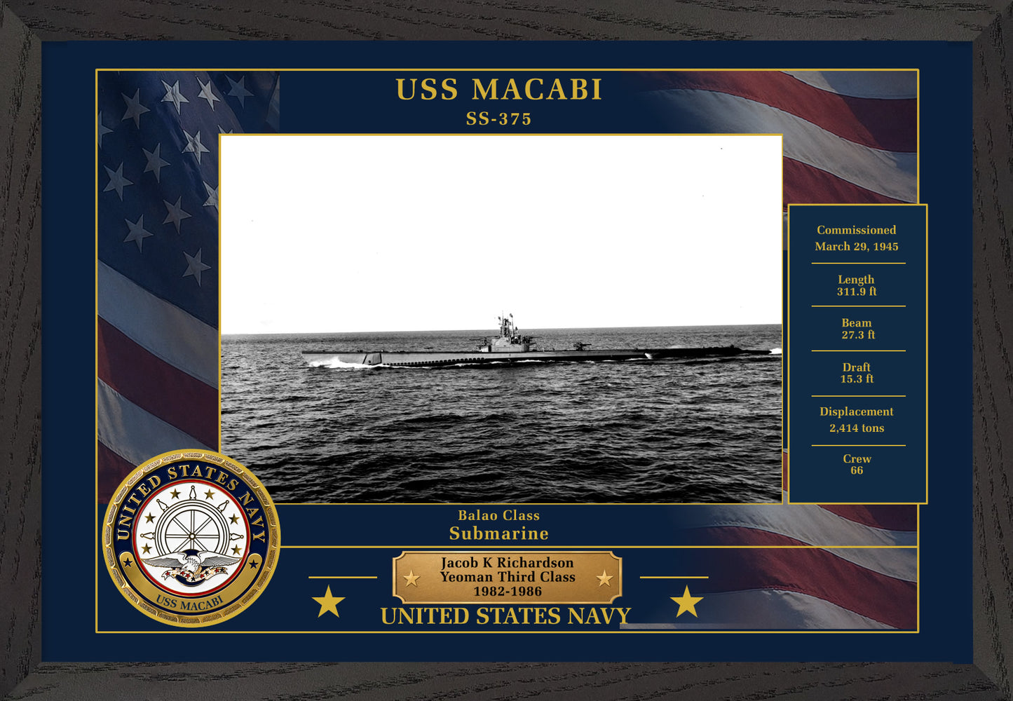USS Macabi SS-375 Framed Patriotic Photo