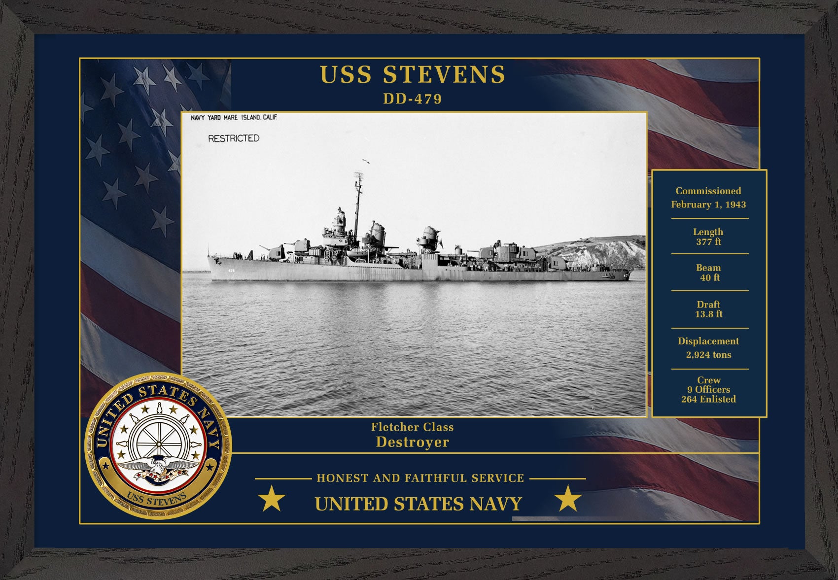 USS Stevens DD-479 Framed Patriotic Photo