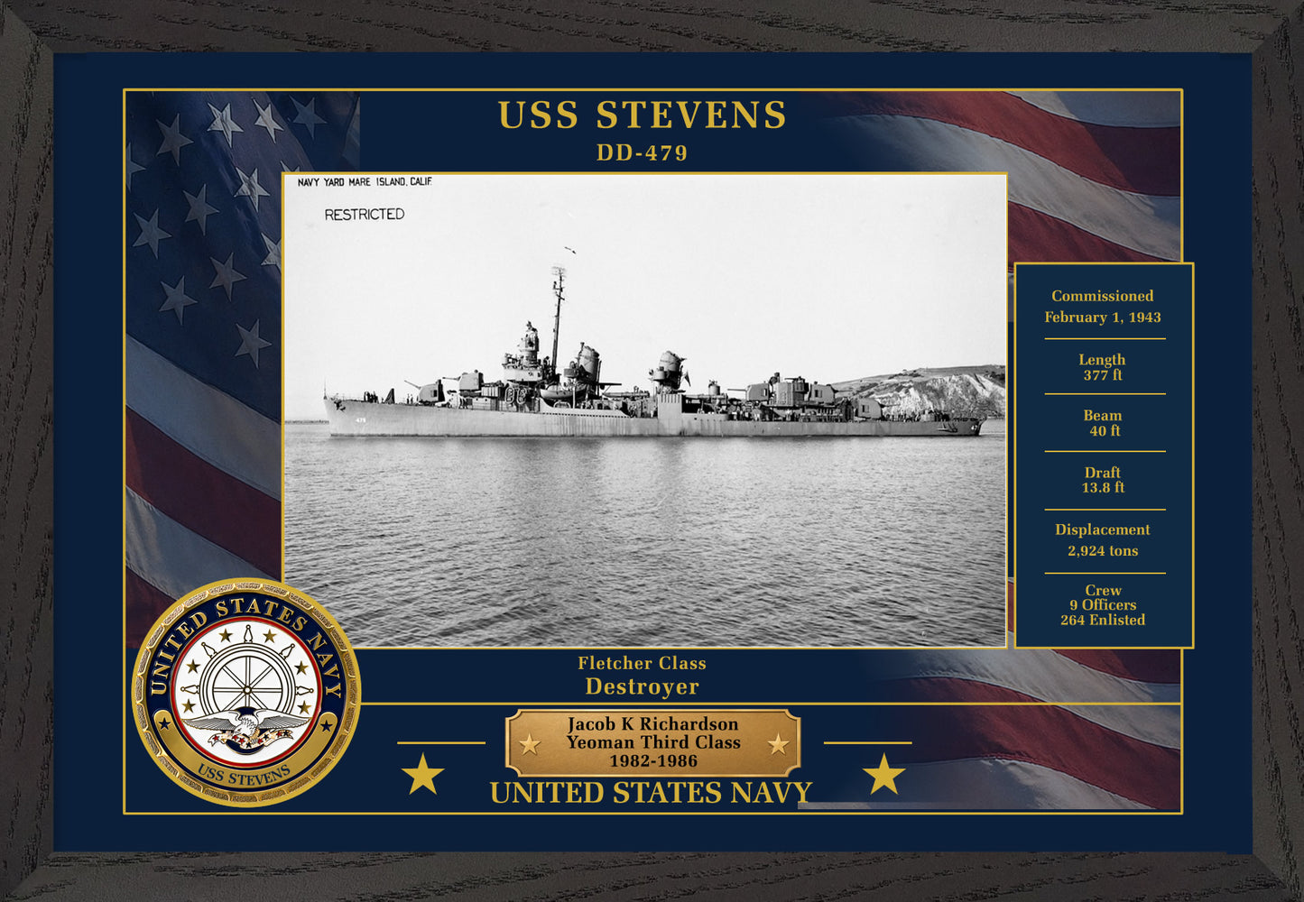 USS Stevens DD-479 Framed Patriotic Photo