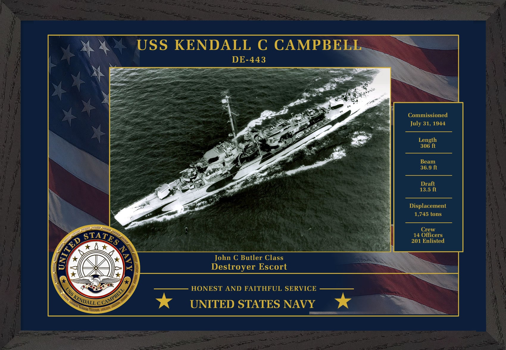 USS Kendall C Campbell DE-443 Framed Patriotic Photo