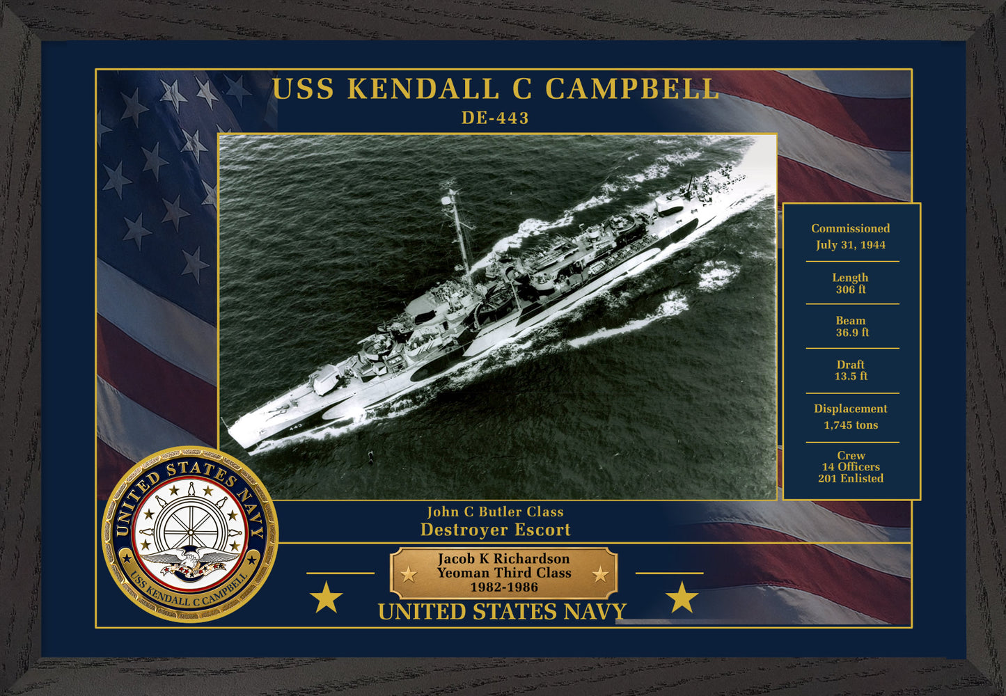 USS Kendall C Campbell DE-443 Framed Patriotic Photo