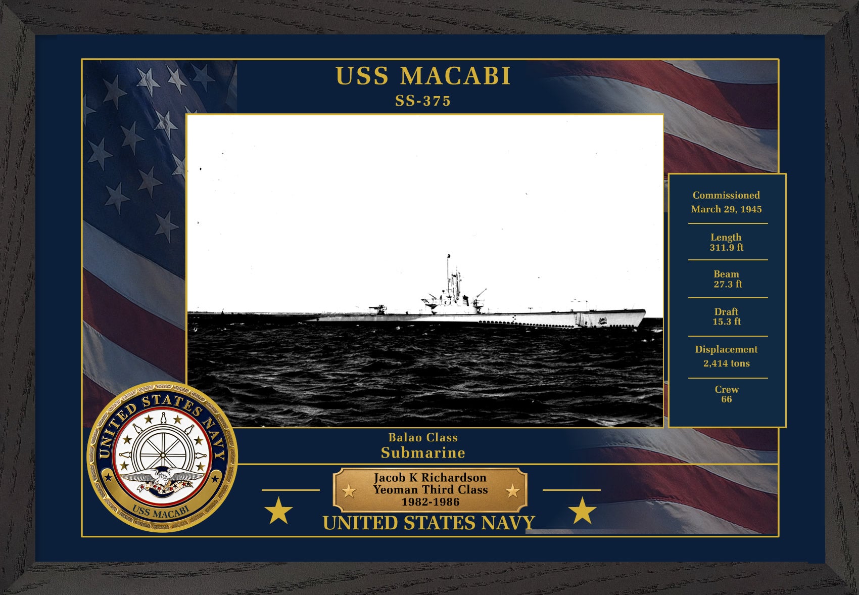 USS Macabi SS-375 Framed Patriotic Photo