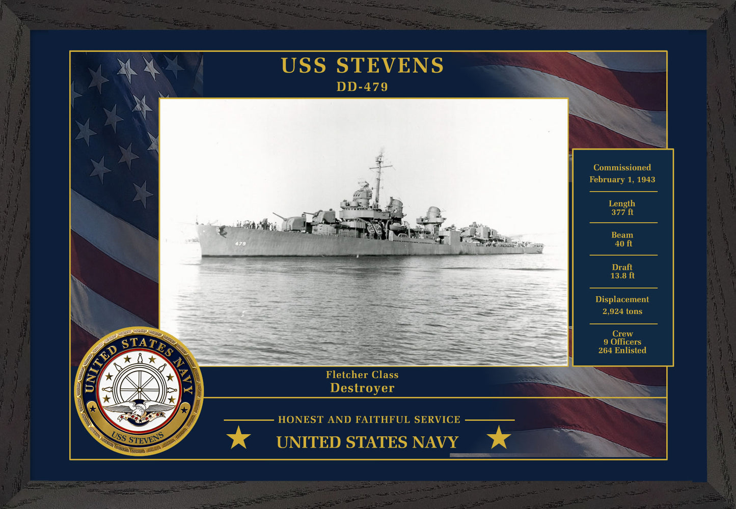 USS Stevens DD-479 Framed Patriotic Photo